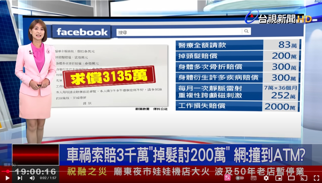 車禍索賠3千萬「掉髮討200萬」 網：撞到ATM？