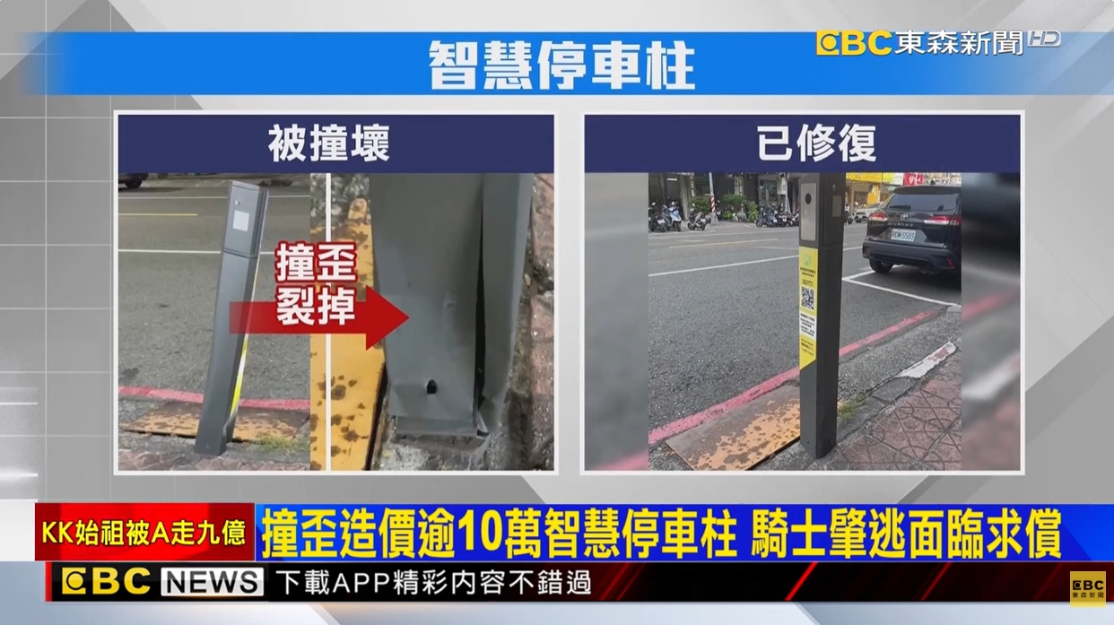 獨家》騎士自摔機車擦地冒火光 撞歪停車柱後肇逃‪@newsebc‬